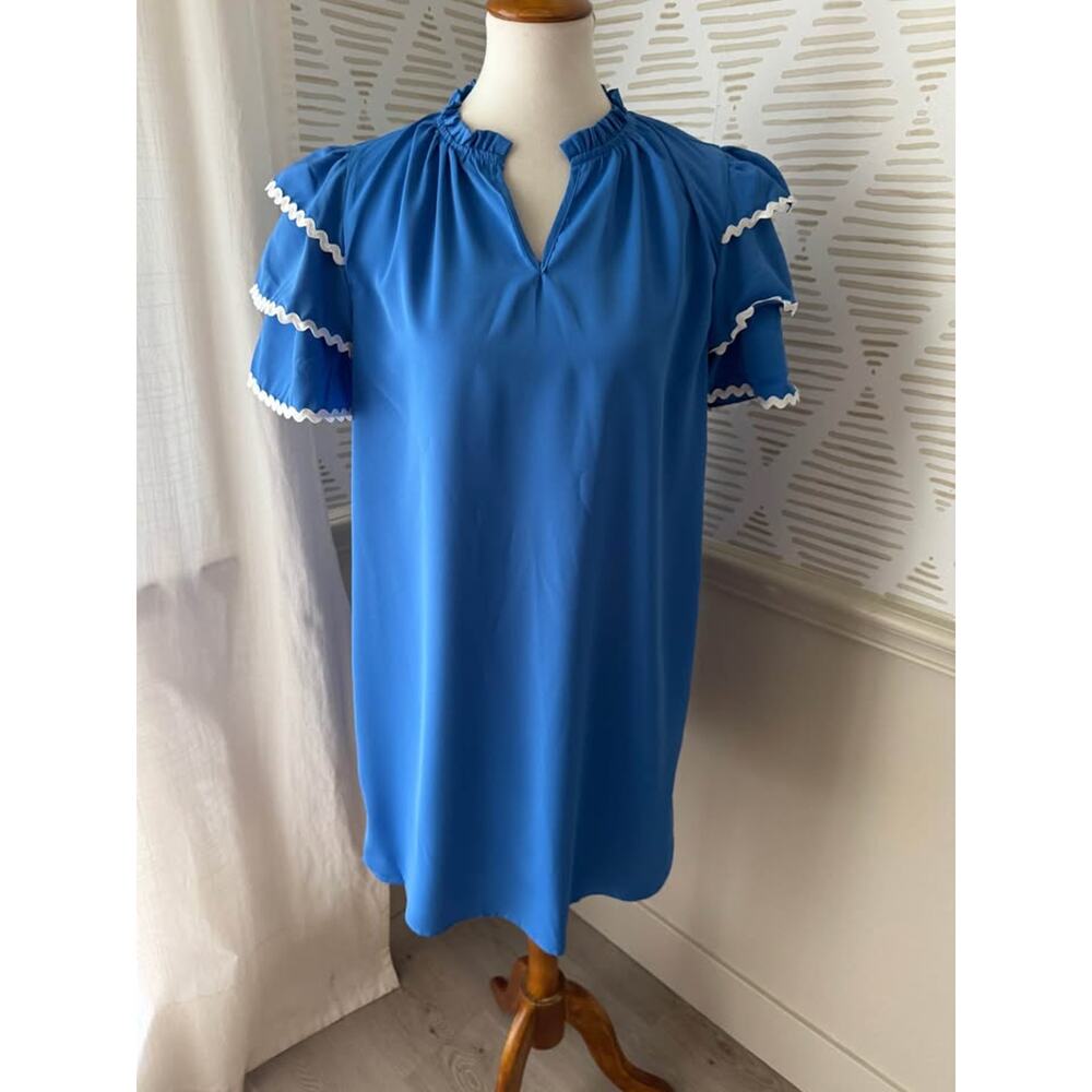 Jess Lea Women’s Large Blue Kersten Ric Rac Ruffle Shift Dress - Picture 2 of 8